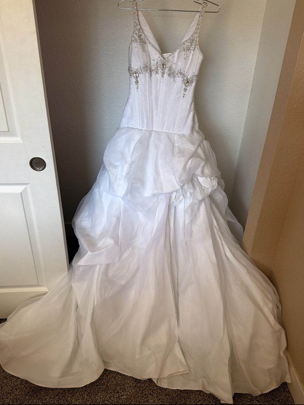 dennis basso White Beaded V-Neck Bridal Ball Gown